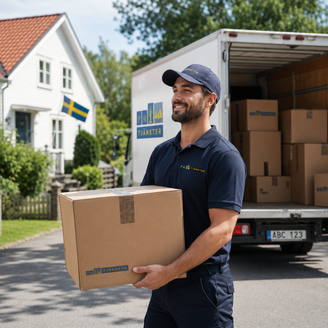 Leende flyttgubbe från Prima Tjänster bär en kartong framför villa och flyttbil