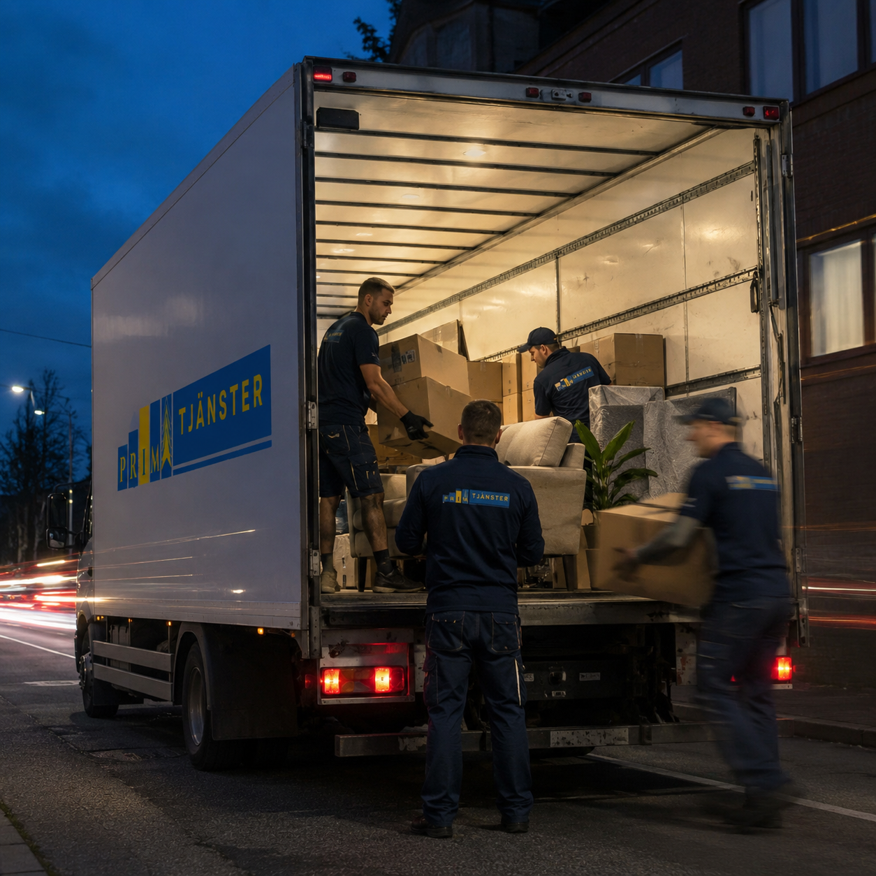 Prima Tjänsters branded flyttbil lastas av teamet på kvällen